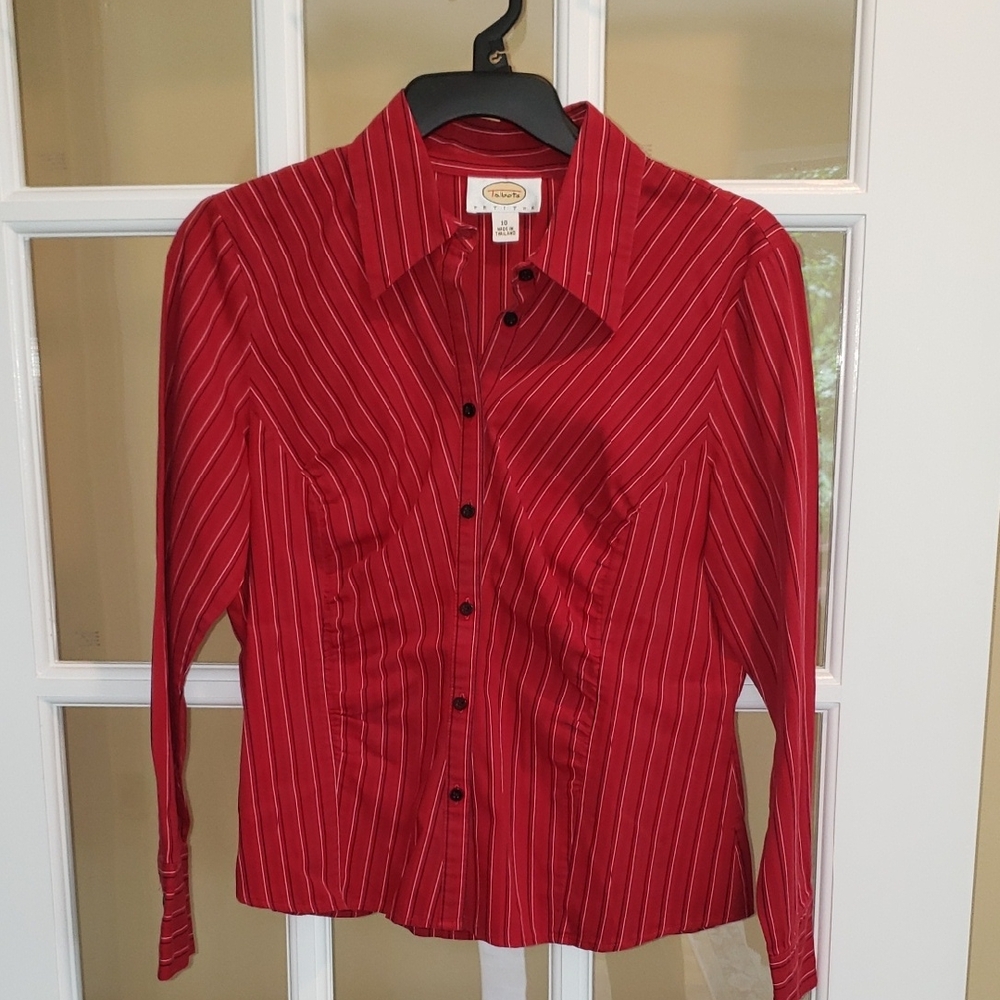 Talbots Red & Black/White Pin-Striped Fitted Button Down Shirt Size: 10P